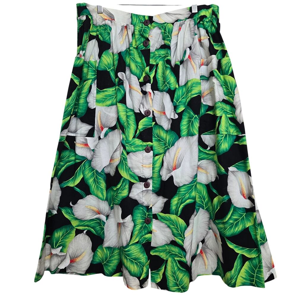 Royal Palm Hawaii Vtg 70s 80s Tropical Floral Button Front Midi Skirt Pockets XL